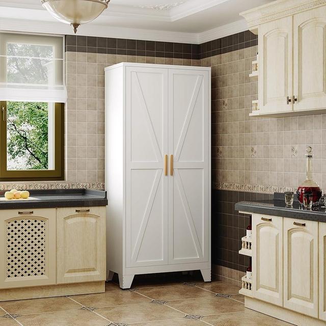 QINPTWUT Large Metal Kitchen Pantry Cabinet with Adjustable Shelves - Freestanding Kitchen Storage Cabinet for Dining Room,Livingroom Bathroom, Hallway, Workshop, Office