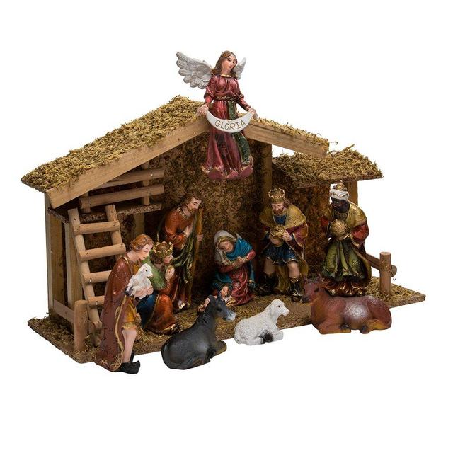 Kurt Adler 12-Piece Nativity Set with Wooden Stable