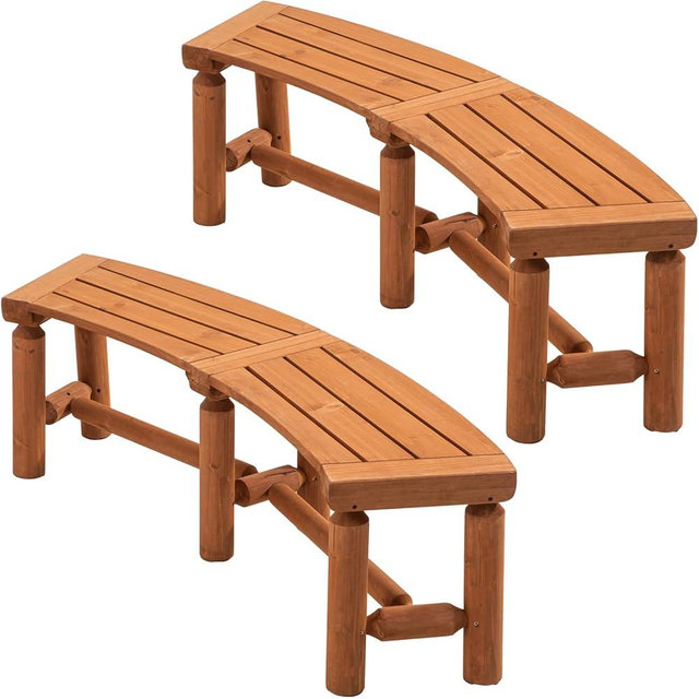 FORTUNO Outdoor Wooden Curved Backless Porch Bench Rustic Style Cedar/Fir Wood Log Fire Pit Bench for Patio Garden Deck and Backyard, 40"-54" W×13" D×16.5" H, Brown, 2 Packs