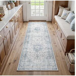 FMFUNCTEX 2x6 Hallway Runner Rug Blue Vintage Washable Distressed Oriental Non Slip Low Pile Neutral Indoor Carpet Retro Antique Thin Entryway Rug for Kitchen Bedroom Bedside Laundry Entry Bathroom
