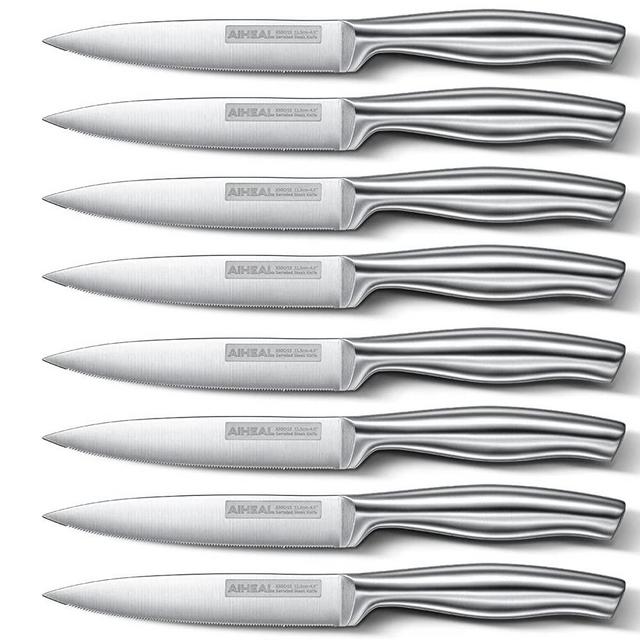 Aiheal Serrated Steak Knife Set, Stainless Steel Steak Knives Set of 8, Never Needs Sharpening Dinner Knives, Micro Serrated Steak Knives with Gift Box