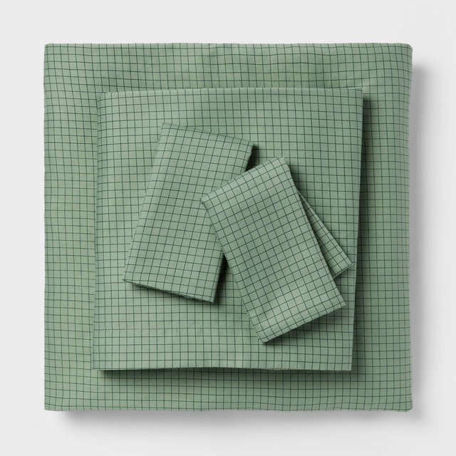 Queen Cotton Blend Sateen Sheet Set Sage Green Micro Grid - Room Essentials™