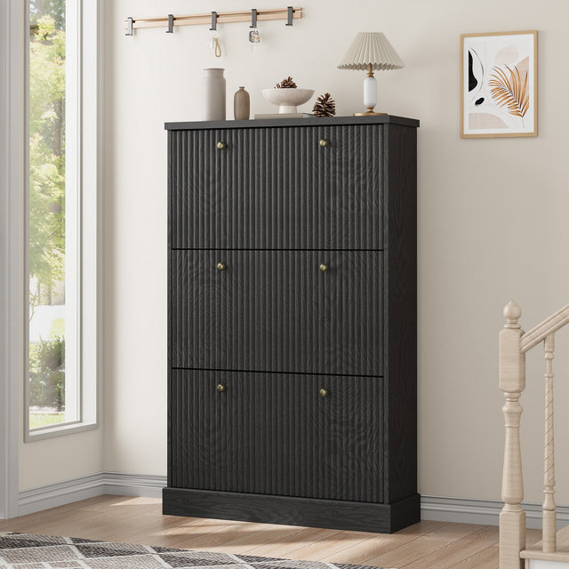 Garvee Shoe Cabinet with 3 Flip Drawers, Hidden Wooden Fluted Shoe Cabinet with Adjustable Shelf, Freestanding Shoe Storage Cabinet for Entryway