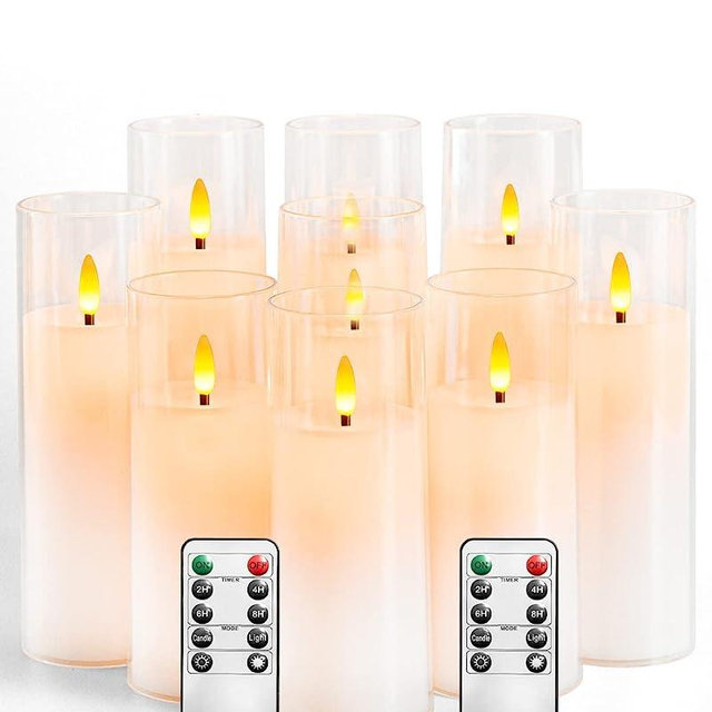 kakoya Flickering Flameless Candles Battery Operated with Remote and 2/4/6/8 H Timer Plexiglass Led Pillar Candles Pack of 9 (D2.2"xH 5"6"7")with Realistic Moving Wick Candles for Home Decor(White)…