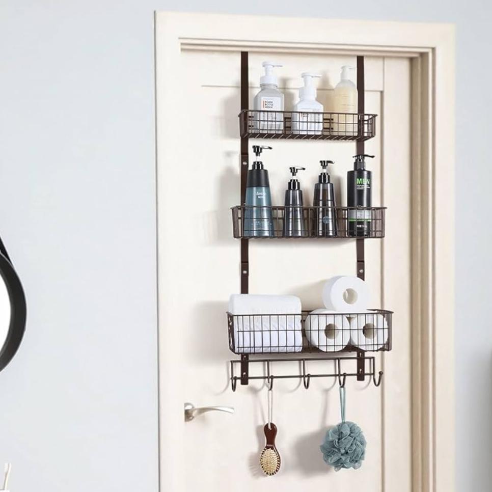 ETELI Over the Door Basket Organizer 3 Tier Hanging Basket Door Shelf Rack Heavy Duty Over Door Pantry Organizer with 3 Metal Baskets for Kitchen Bathroom Bedroom Living Room, Dark Brown