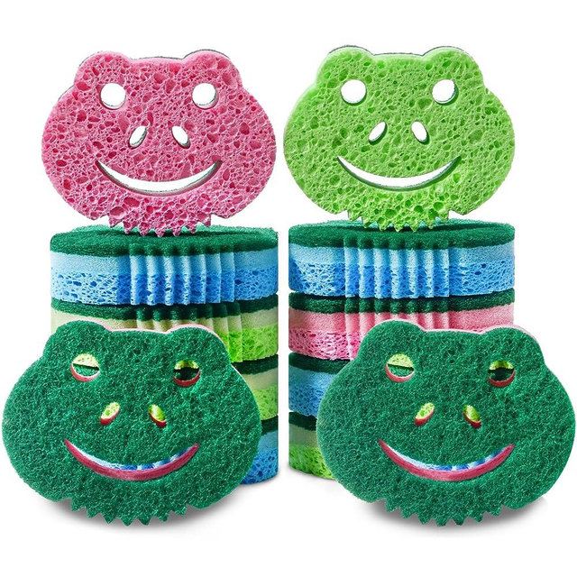 SmilePowo 12 Pack Scrub Sponge,Bulk Sponges,Dual-Sided Multi-Functional Premium Cleaning Sponges,Dishwashing Sponge for Heavy Duty Scouring Pads,Bathroom,Dish,Furniture,Kitchen Sponge(Frog Shape)