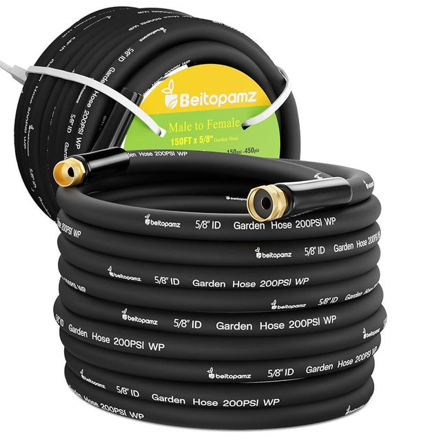 150 ft Garden Hose, 5/8 in Heavy Duty Water Hose, Flexible and Durable, Lightweight Rubber Hybrid Hose, Leak-Free Connections, Male to Female 3/4'' Brass Fittings for Patio, Lawn, Black