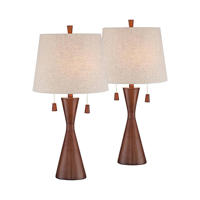 360 Lighting Omar Modern Modern Mid Century Table Lamps 28 3/4" Tall Set of 2 Brown Wood Oatmeal Tapered Drum Shade for Bedroom Living Room Bedside