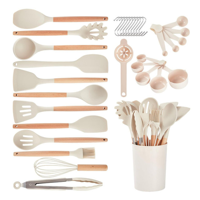 Itopfox Kitchen Utensils Set - 34 PCS Non-Stick Silicone Cooking Tools with Wooden Handle, Kitchen Gadgets for Nonstick Cookware