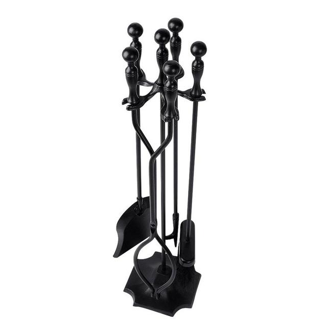 5 Pieces Fireplace Tools Tool Set Wrought Iron Fireset Firepit Fire Place Pit Poker Wood Stove Log Tongs Holder Tools Kit Sets with Handles Modern Black Fireplaces Hearth Decor Accessories