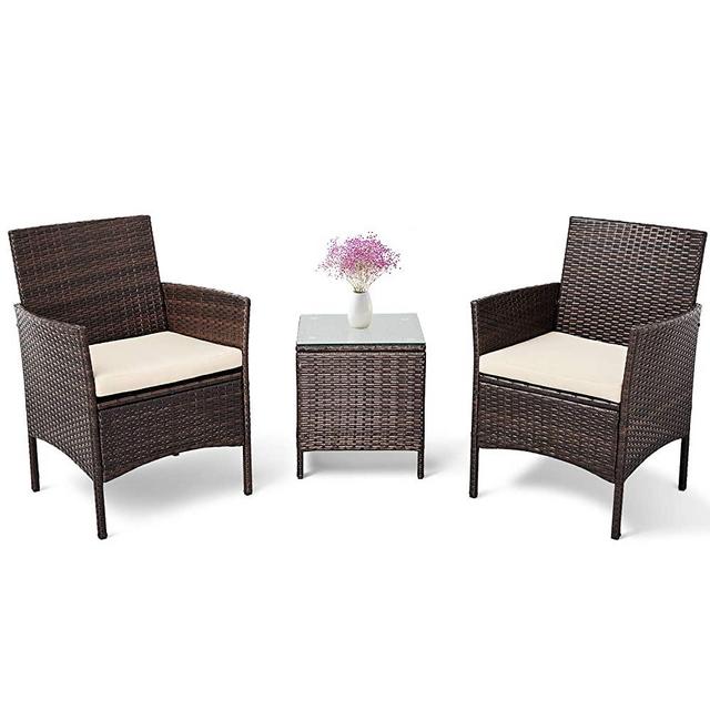 Patiomore 3 Pieces Outdoor Bistro Set Cushioned Furniture Set PE Wicker Patio Chairs with Coffee Table (Brown)