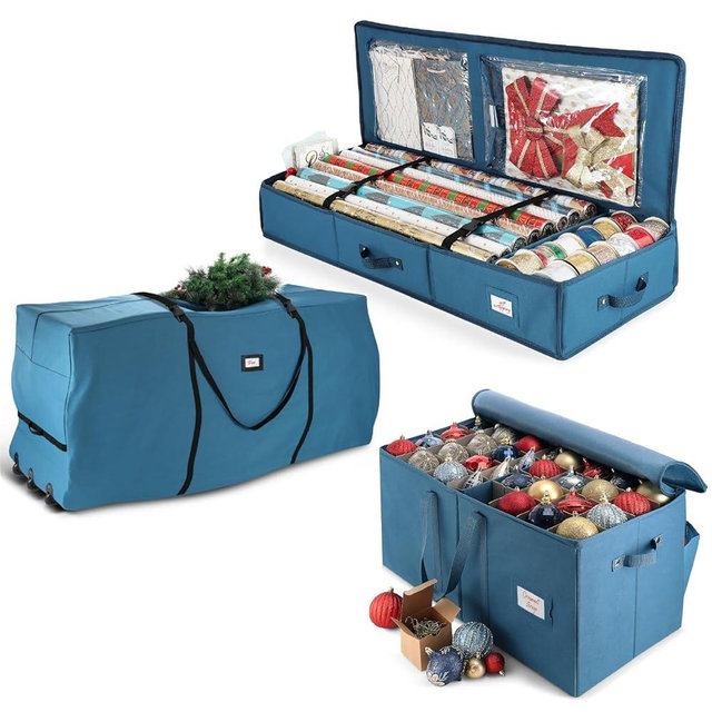 Hearth & Harbor Christmas Tree Storage Bag 7.5 ft, Wrapping Paper Storage Organizer Container & Large Christmas Ornament Storage Box With Adjustable Dividers