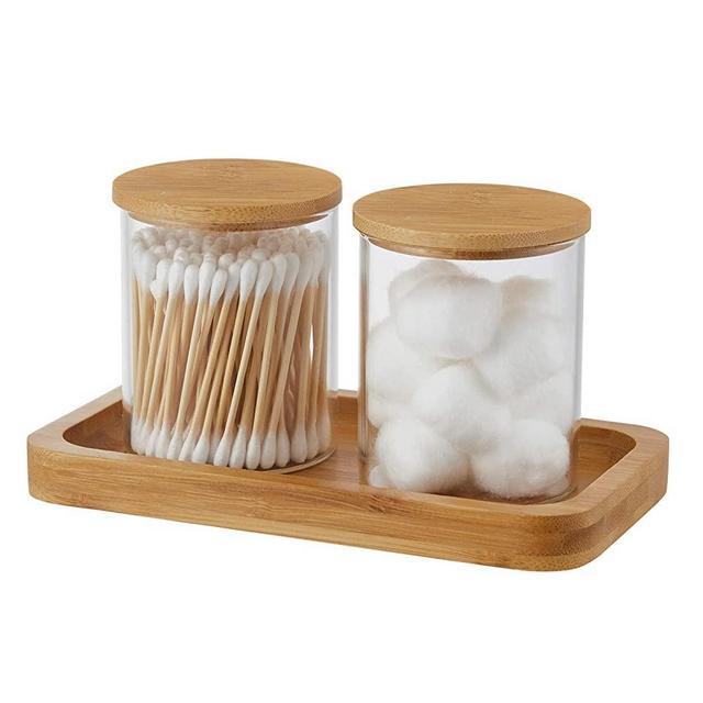 Bamboo Vanity Tray, Bathroom Tray Organizer Glass Qtip Holder Dispenser Apothecary Jars for Cotton Swabs Balls, Round Pad, Perfume Candles, Cosmetics and Jewelry Storage Organizer