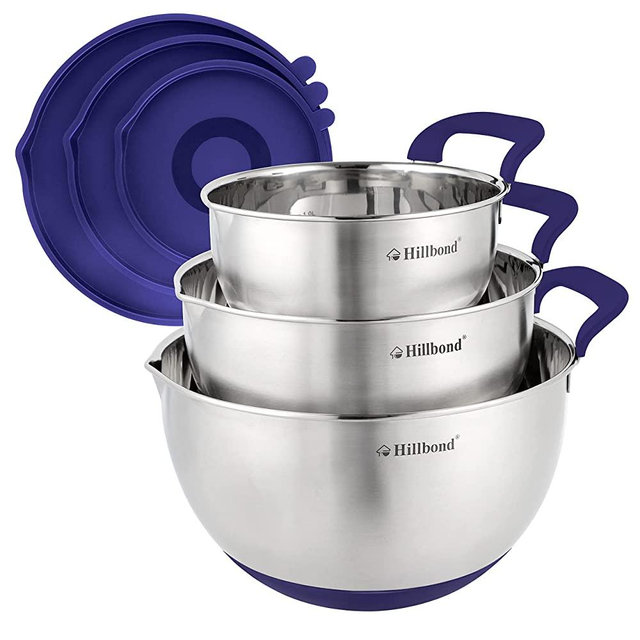 Hillbond Mixing Bowls with BPA Free Airtight Lids Stainless Steel Nesting Bowls with Pour Spout, Silicone Handle and Non-Slip Bottoms for Cooking, Baking, Saving, Dishwasher Safe, 1.5, 3, 5 QT (Blue)