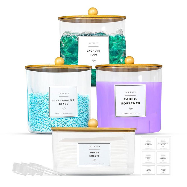 JOOBARY Laundry Detergent Dispenser Containers - 4 Pack Laundry Powder Container & Dryer Sheet Holder , Laundry Room Organization And Storage , Laundry pods Soap Dispenser,Laundry Labels,Beads