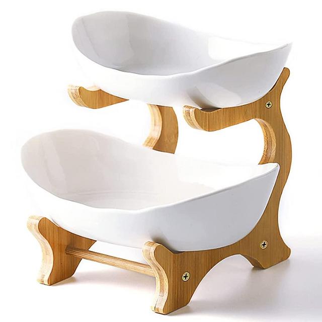 Liywall - 2 Tier Ceramic Fruit Bowl With Bamboo Wood Stand for Kitchen Counter,Porcelain Fruit Basket for Vegetable Storage,Snack Dessert Cake Tray Plate Rack for Party Wedding - White