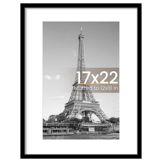 upsimples 17x22 Picture Frame, Display Pictures 12x18 with Mat or 17 x 22 Without, Wall Hanging Poster Frames, Black, 1 Pack