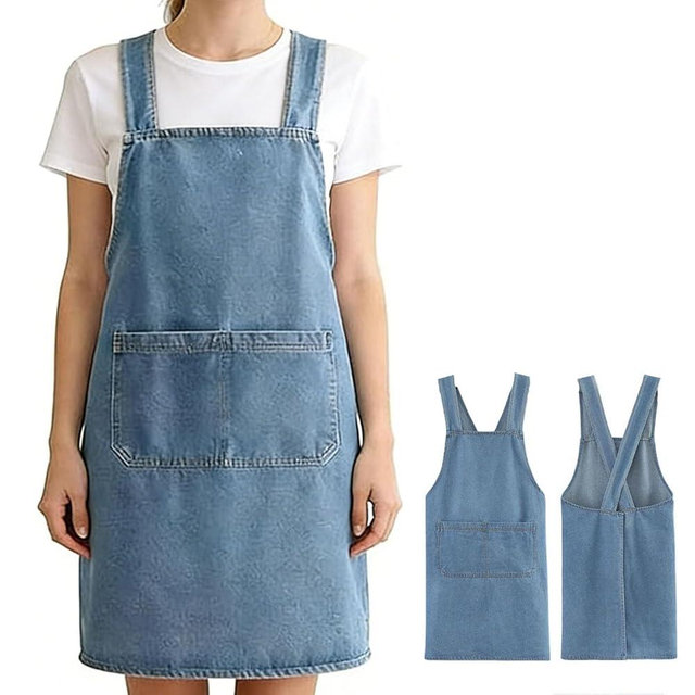 CCJHLYX Adult Jour Apron, Lightweight Cotton Apron with Front Pocket, Denim Cross Back Aprons, Durable & Stain-Resistant