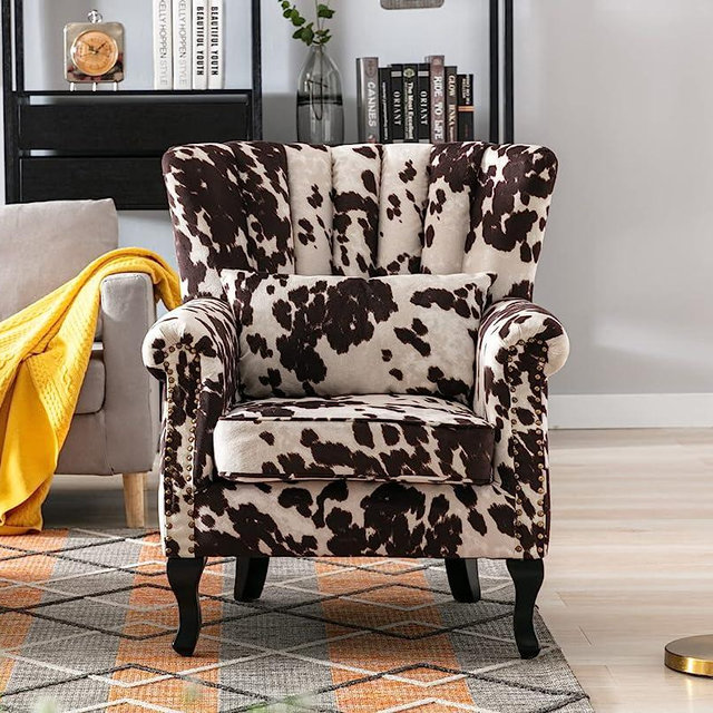 Kmax Cow Print Accent Chair Velvet Wingback Chair with Pillow Nail-Head Channel Tufted Oversized Club Chair for Living Room Bedroom Guest Room