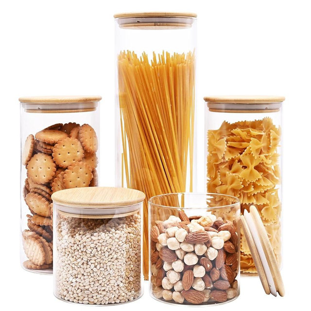 Glass Food Storage Jars, Glass Jars with Bamboo Lids, Kitchen Storage Jars, Canisters with Airtight Lids for Spice, Coffee, Cookie, Set of 5, Pantry Organizers