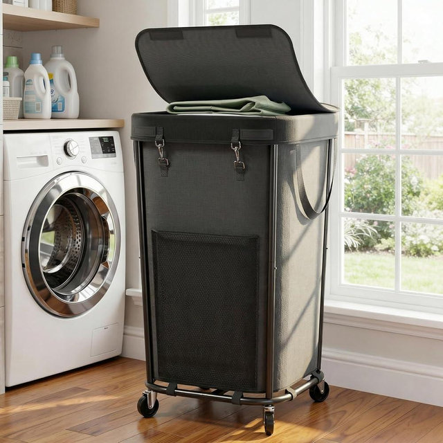 Knovkeey Laundry Basket with Lid and Wheels Rolling Laundry Basket, Removable Laundry Bag Design for Daily Use in Bathrooms and Laundry Rooms (Cover Black, 160L)
