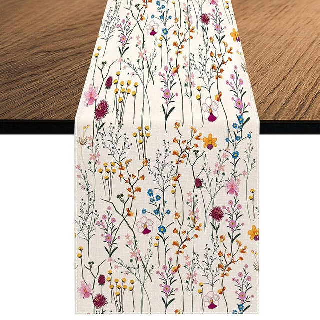 Watercolor Wild Flowers Table Runner, Seasonal Summer Colorful Flowers Holiday Kitchen Dining Table Decoration for Home Party Decor 13 x 108 Inch