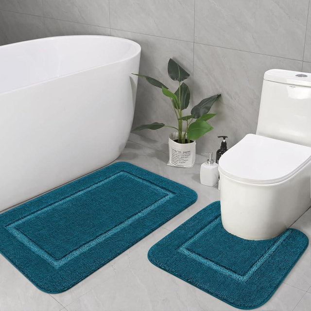 LOCHAS Bathroom Rug Set Peacock Blue, Soft Bath Rug Set 2 Piece Set, Toilet Mat U-Shaped 20x20 and 34x20 Bath Rugs, Quickly Dry Mats for Bathroom, Tub, Washable, Super Absorbent Floor Mat