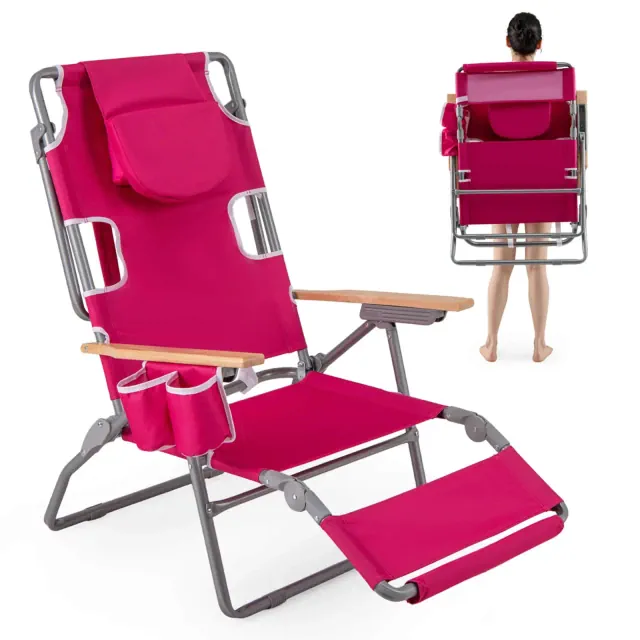 Costway 3-IN-1 Foldable Beach Chair with Face Hole, Footrest, Adjustable Backrest, Pillow Pink