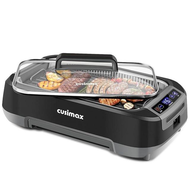 CUSIMAX Smokeless Indoor Grill, 1500W Electric Grill Korean BBQ Grill with LED Smart Display & Tempered Glass Lid, Non-stick Removable Grill Plate, Turbo Smoke Extractor, Black New Model