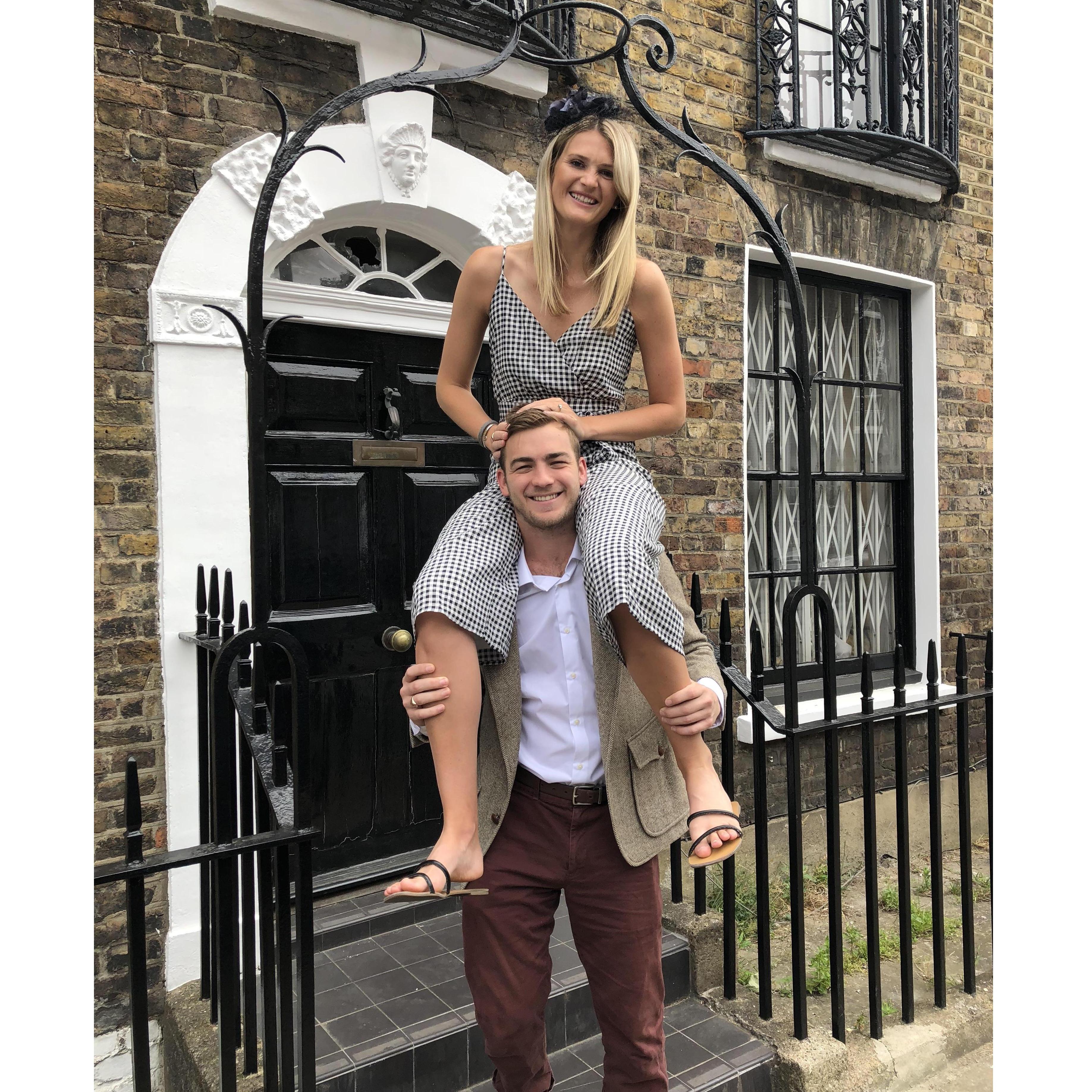 Outside our first flat in London, June 2018