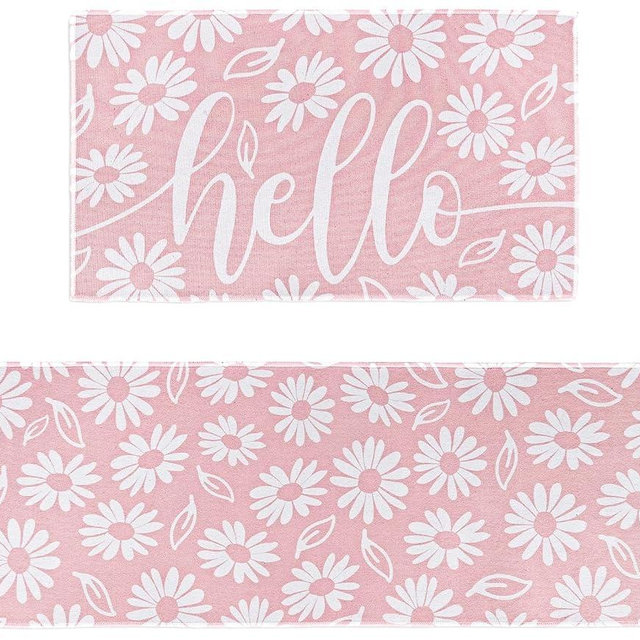 JarThenaAMCS Spring Kitchen Rugs Set of 2 Daisy Flower Door Mat Pink White Floral Non Slip Floor Rugs for Home Kitchen Room Decor Supplies