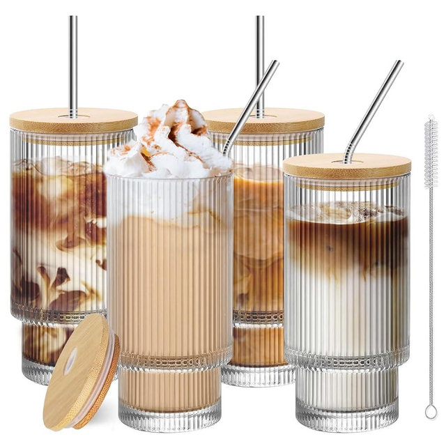 RÉΑLWÁY Glass Cups with Lids and Straws 4 Pcs, 16 oz Iced Coffee Cups with lids, Ribbed Glassware Drinking Set for Cocktail Whiskey, Glass Tumbler with Straw and Lid, Ideal for Coffee Bar Accessories