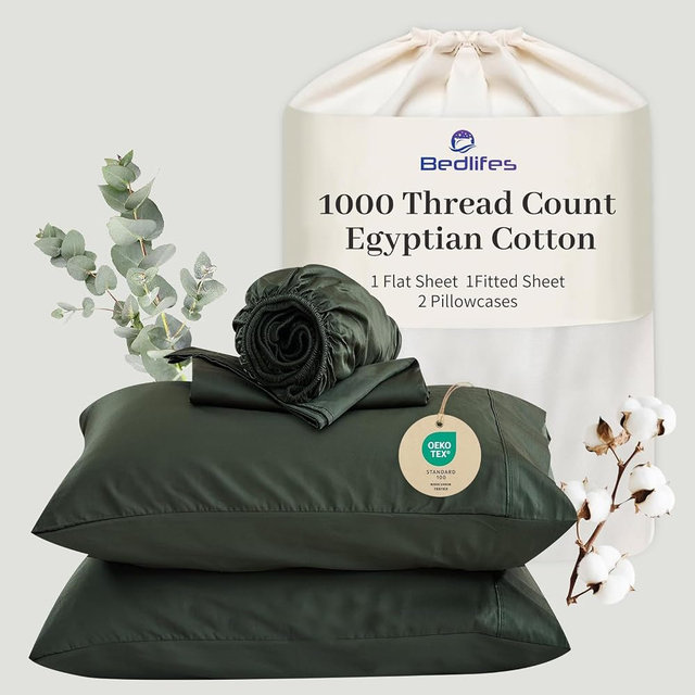 Bedlifes Egyptian Cotton Sheets 1000 Thread Count Queen Size, 4-Piece 16" Deep Pocket - Cooling & Breathable Ultra Soft Bedding for Hotel Comfort (Forest Green)