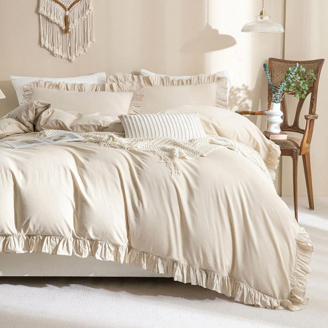 QSH 100% Cotton Duvet Cover King Ruffle Duvet Cover Linen Feel Textured Farmhouse Shabby Vintage Chic Bedding Comforter Cover 3 Pieces Aesthetic Neutral King Bedding