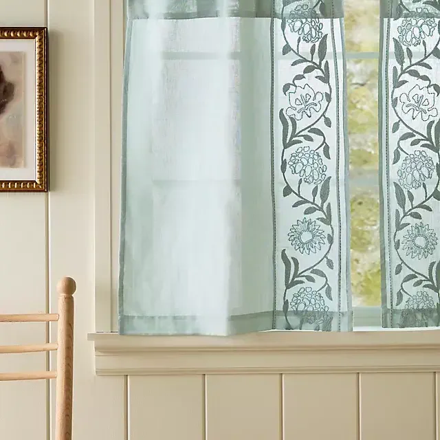 Embroidered Manette Cotton Linen Sheer Café Curtains, Set of 2
