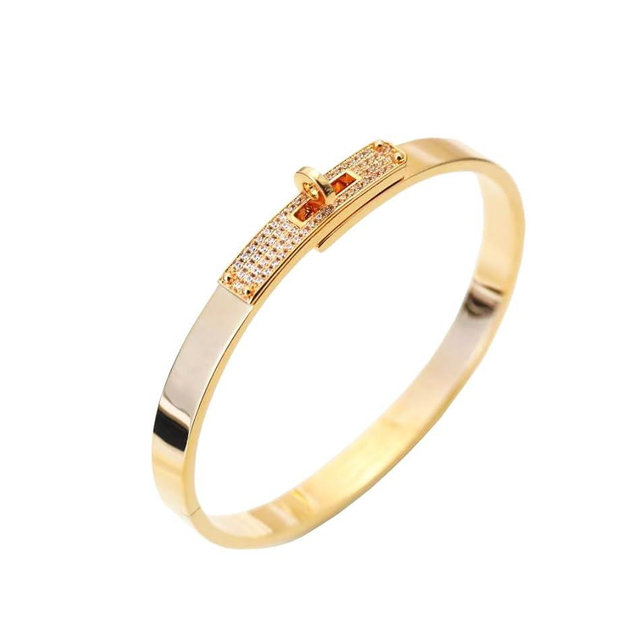 FOMCORT 18K Gold Plated Turn Lock Bracelet with Cubic Zirconia，Classical Fashion Stainless Steel Bangle Bracelet for Men and Womens