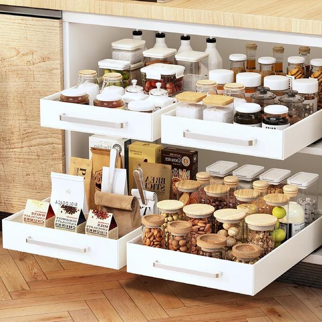 2Pack Pull Out Cabinet Organizer,Peel and Stick Pull Out Drawers,Slide Out Drawers for Kitchen Cabinets,Cabinet Pull Out Shelves for Pantry,Cabinet Roll Out Drawers,Sliding Shelf,White