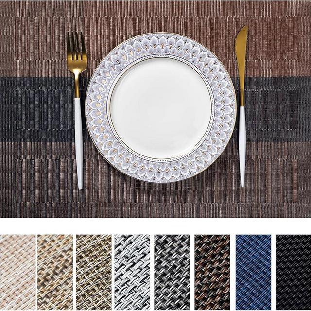 LEXMORE PlaceMats Set of 12 Vinyl/Plastic Woven Place Mats for Kitchen Table Indoor/Outdoor Washable PlaceMat Wipeable Dining Table Mats(Ombre Brown Black)