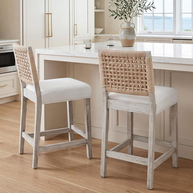 DM Furniture 27" Countryside Counter Height Bar Stools for Kitchen Island, Boho Linen Fabric Patio Stools Set of 2 with Woven Rope Back, Midcentury Wicker Stool Chairs for Home Bar, White