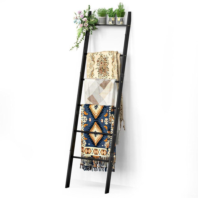 BAMBANG 6-Tier Blanket Ladder for Living Room, Blanket Quilt Ladder Rack Rustic Decorative Towel Holder, Wall Leaning Blanket Ladder Shelf Storage Farmhouse Decor for Bedroom Bathroom, Black