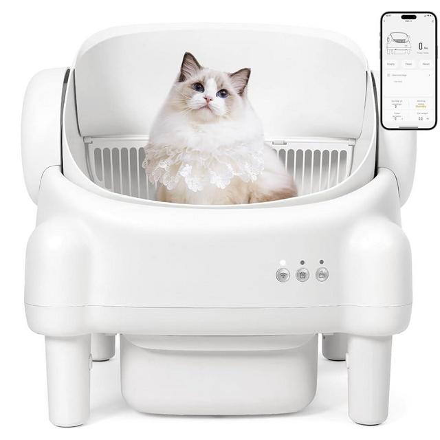 Paruuntys Self Cleaning Litter Box,Open Top Automatic Litter Box with App Control for Multiple Cats, Safety Sensors Protection, Odor Control Includes 2 roll Liners,Large Waste Bin, Cream White