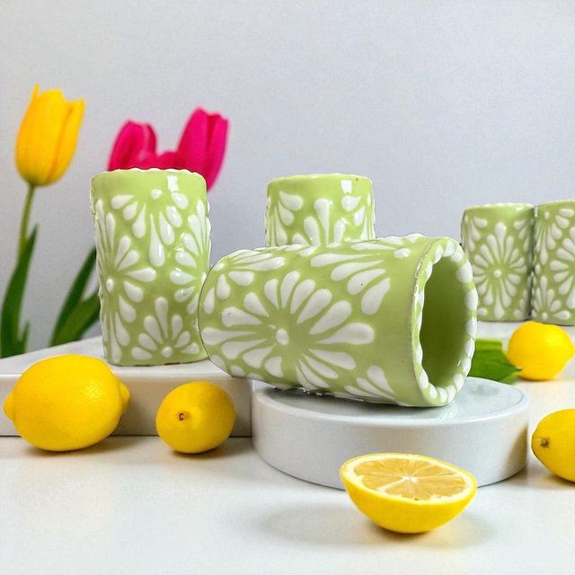 Handmade Talavera Shot Glass: Lemon & White Mexican Pottery