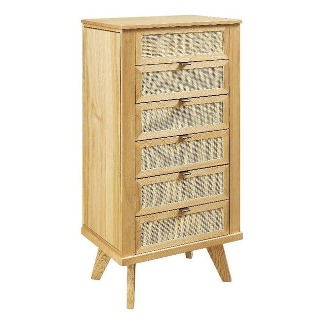 Pemberly Row 5-Drawer Wood Jewelry Armoire, Natural Brown Finish, Cane Inlay, Flip Top with Vanity Mirror, Hidden Storage, Hooks and Ring Tray, 41" H Freestanding Organizer for Bedroom or Closet