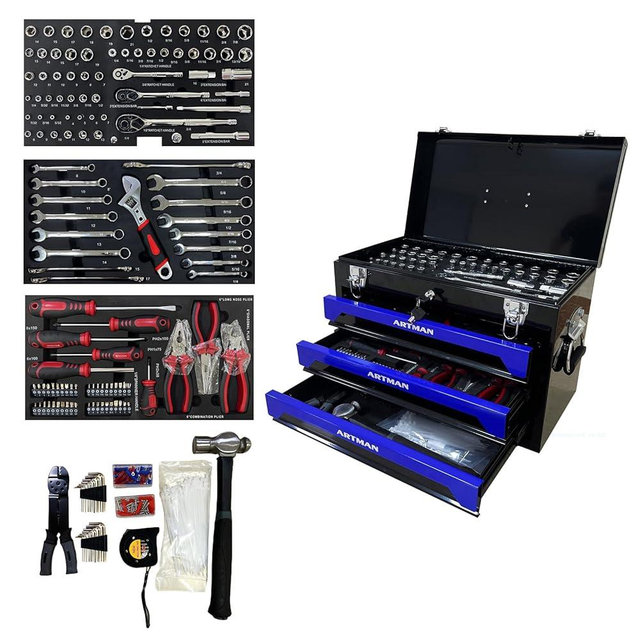 S.Walt 439-Piece Mechanic Tool Set in Heavy-Duty 3-Drawer Steel Box with 4-Tier Socket, Wrenches & Pliers. Portable Household Tool Kit Organizer Case for Auto Repair, Garage, Workshop. Blue
