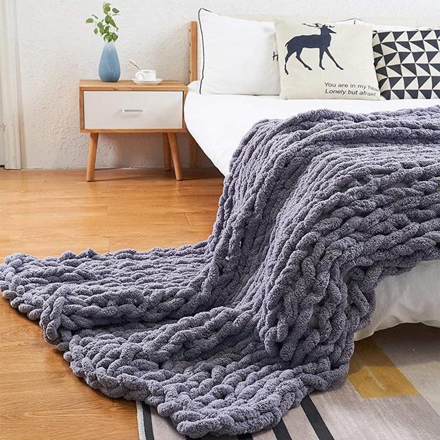Eastsure Chunky Knit Blanket Chenille Throw - Warm Soft Cozy for Sofa Bed Boho Home Decor 100% Hand Made Stylish & Cosy Throw Blanket Grey 40"x80"(Three Seater Sofa/Twin Size)