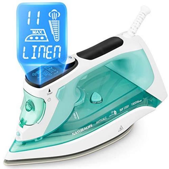 NATURALIFE Steam Iron with LCD Display, 11 Preset Temperature and Steam Settings for Variable Clothes Fabric, Ceramic Coated Soleplate, 3-Way Auto-Off, 1800-Watt