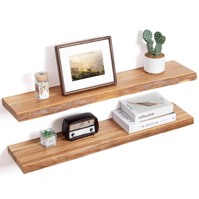 FLYJOE Floating Shelves for Wall Decor, Rustic Solid Elm Wood Floating Shelves Wall Mounted, Wall Shelves with Invisible Bracket for Living Room Bathroom Bedroom Kitchen, 36 Inch Set of 2, Natural