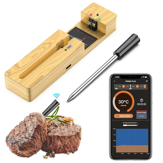 Wireless Meat Thermometer Bluetooth: with Ceramic Probe for Grilling/Cooking/BBQ - Waterproof Digital Oven Food Thermometer, 600Ft Range & Smart App Compatibility iOS/Android/Air Fryer