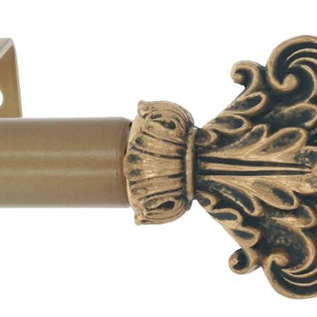 Meriville 1-Inch Diameter Single Window Treatment Curtain Rod, Acanthus Finial Style II, 48-inch to 84-inch Adjustable, Antique Gold