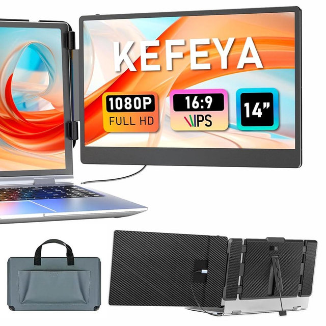KEFEYA Laptop Screen Extender, 14" Portable Monitor for Laptop 13-17", 1080P FHD IPS Monitor Extender for Laptop with USB-C/HDMI Port, Plug n Play for Windows/Chrome/Mac/Switch/PS5